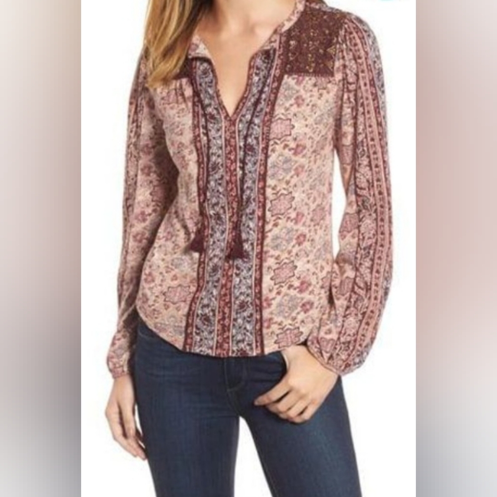 Lucky Brand Pink and Brown Printed Peasant Blouse